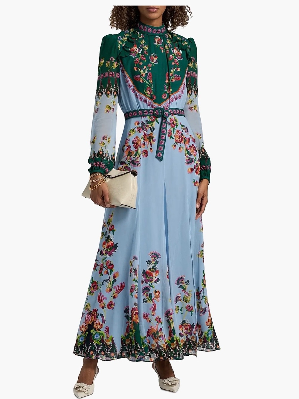 SALONI Two-Tone Floral High-Neck Long Sleeve Maxi Dress in Green and Light Blue - Picture 3 of 6